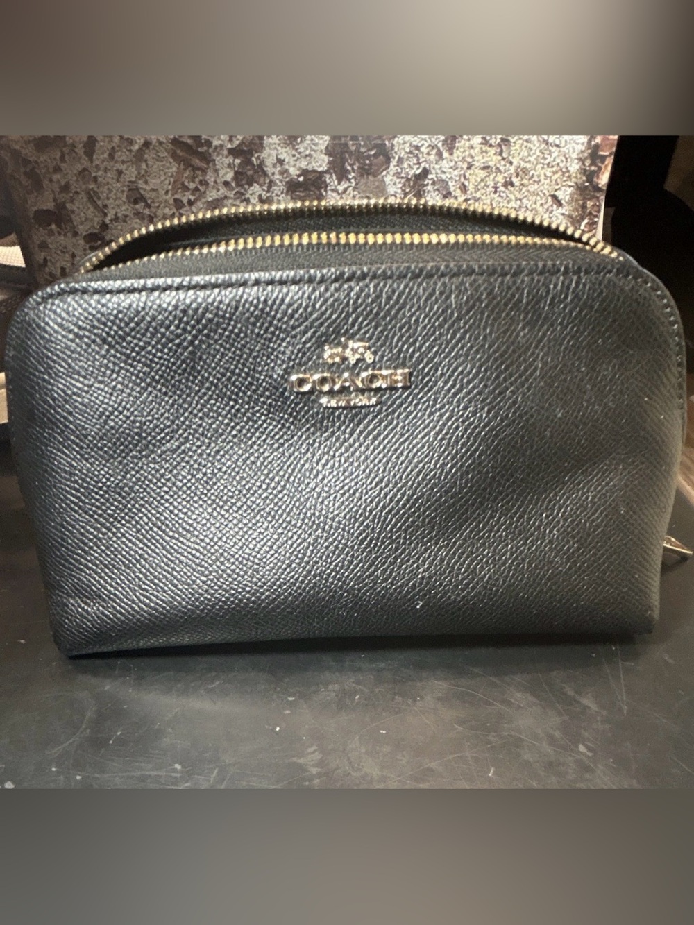 Coach Black Leather Zipper Cosmetic Pouch with Gold Hardware